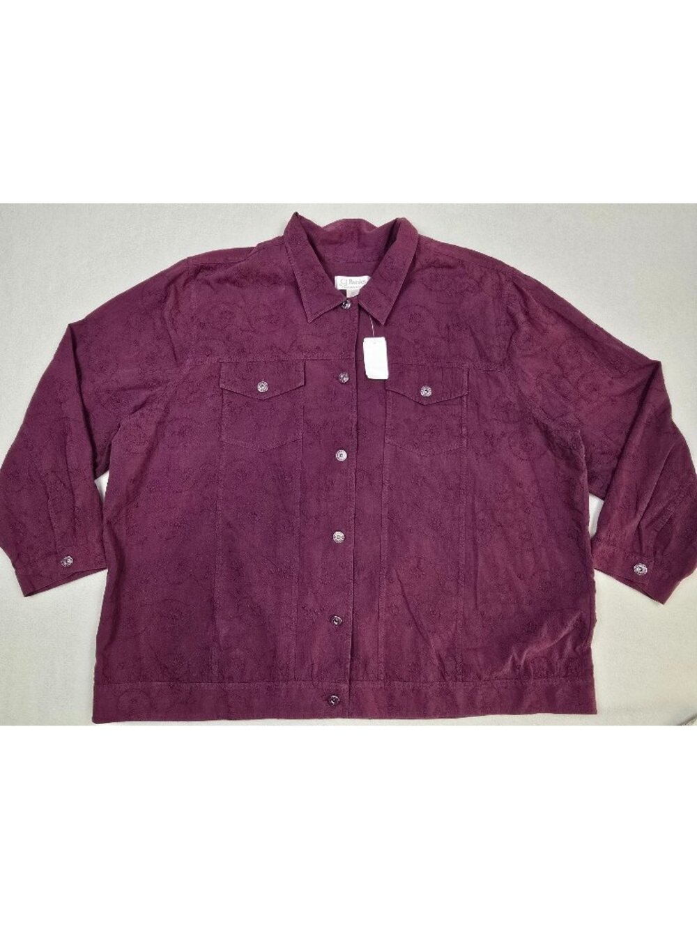 NEW CJ Banks 3X Button-Up Long Sleeve Embroidered Shirt 100% Cotton Purple